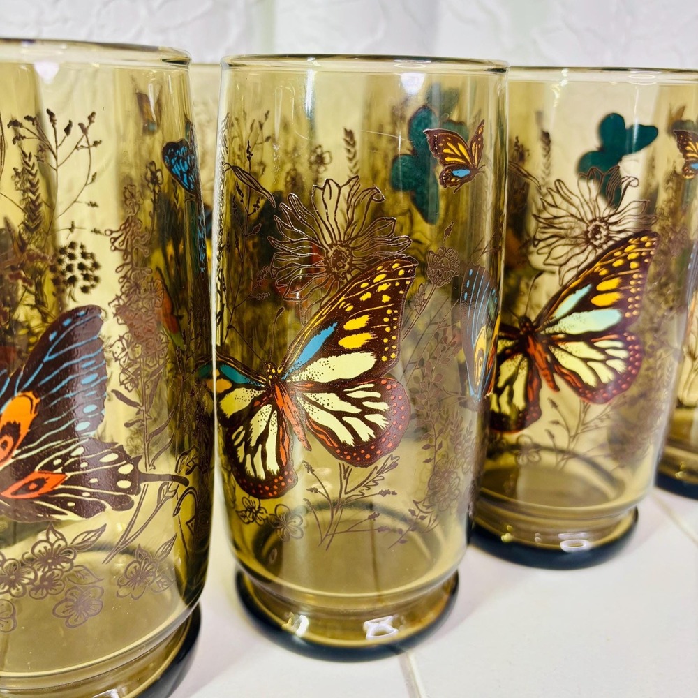 Vintage MCM Amber Tumbler Glasses Colorful Boho Bohemian Butterfly - Picture 4 of 8